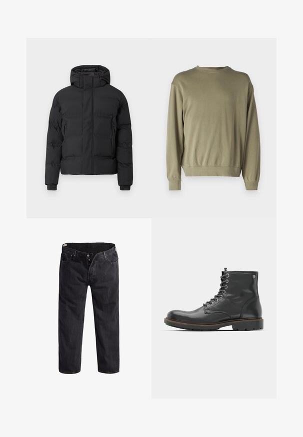 Svart vadderte jakke med hette, utstyrt med frontglidelås og glidelåslommer på sidene. Laget av et glatt, vannavstøtende materiale.; Oliven grønn, langermet sweatshirt laget av myk bomullsblanding. Har rund hals og ribbestrikkede mansjetter med en avslappet passform.; Svarte denim jeans med rett ben-design, fem lommer, knappestefly og oransje sømdetaljer. Lett falmet tekstur gjennom hele.; Svart lær ankelstøvel med snøring, rund tå og teksturert overdel, med metalløyne og gummisåle med mønster.