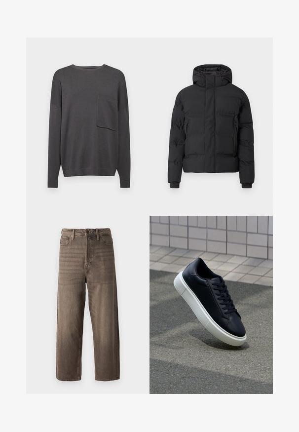 Črna podložena jakna s kapuco, z zadrgo spredaj in stranskimi žepki z zadrgo. Izdelana iz gladkega, vodoodpornega materiala.; Jasenogrejen, dolgo rokavje pletenega puloverja v ogljeno sivi barvi s krožnim izrezom in eno žepno na prsih. Mehak material s sproščenim krojem in rebrastimi manšetami.; Rjavi široki traper hlače. Imajo zadrgo, zanke za pas in pet žepov. Tkanina ima zbledel in teksturiran videz.; Črne usnjene superge z zaobljenim prstom in belim gumijastim podplat. Imajo ravne vezalke in minimalno šivanje na zgornjem delu. Teksturirani podplat za oprijem.