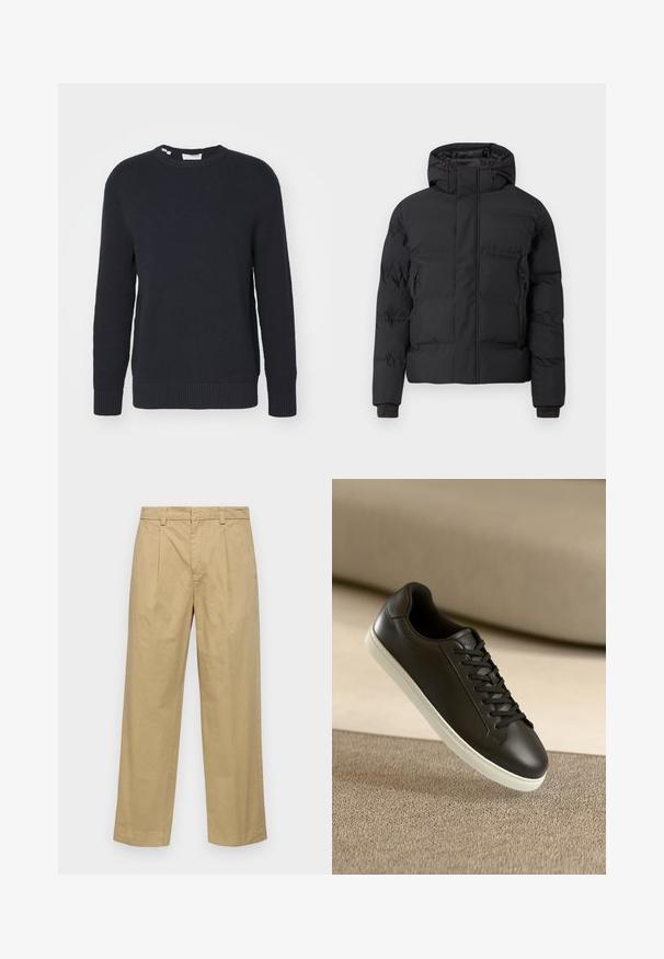 Μαύρο επενδυμένο μπουφάν με κουκούλα, διαθέτει εμπρός φερμουάρ και πλαϊνές τσέπες με φερμουάρ. Κατασκευασμένο από λείο, αδιάβροχο υλικό.; Σκούρο ναυτικό πουλόβερ, υφασμένο σχέδιο, στρογγυλή λαιμόκοψη, μακριά μανίκια, ριμπ μανσέτες και στρίφωμα, μαλακό υλικό, χωρίς ορατά λογότυπα ή σχέδια.; Μπεζ βαμβακερό παντελόνι με ίσιο κόψιμο, διαθέτοντας ραφές μπροστά και πλαινές τσέπες. Ο ύφασμα έχει απαλό και λείο υφή.; Μαύρο δερμάτινο αθλητικό παπούτσι με λευκή ελαστική σόλα και μαύρες κορδόνες, τοποθετημένο σε μια μπεζ υφασμάτινη επιφάνεια και φόντο.