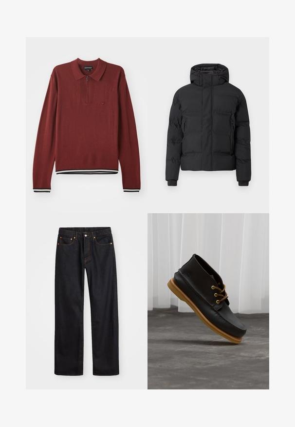 Casaco acolchoado preto com capuz, com fecho de correr frontal e bolsos laterais com fecho de correr. Feito de um material liso e resistente à água.; Camisa polo de manga longa em bordo com colarinho com fecho, apresentando margem e punhos canelados com riscas em azul marinho e branco, feita de um tecido macio.; Calças de ganga pretas para homem, de pernas retas, com cinco bolsos e costura laranja, fecho de botão e zíper na cintura da frente.; Sapatos de couro pretos com acabamento suave, biqueira redonda, atacadores castanhos e solas de borracha castanho claro. Logotipo estampado na lateral.