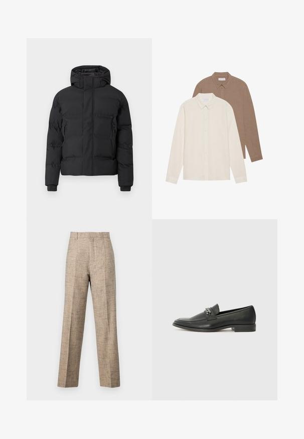 Svart vadderte jakke med hette, utstyrt med frontglidelås og glidelåslommer på sidene. Laget av et glatt, vannavstøtende materiale.; To langermede skjorter: en kremfarget og en brun, begge med knappelukking på kragen, synlig tekstur på stoffet, enkel design, og med etiketter synlige.; Beige skreddersydde bukser med strukturert stoff, med rett snitt, frontfolder og belte. Ingen synlige lommer eller lukking.; Sorte skinnloafers med en glatt finish, og med en sydd design og en dekorativ metallkjedeakcent over foten. Flat hæl.