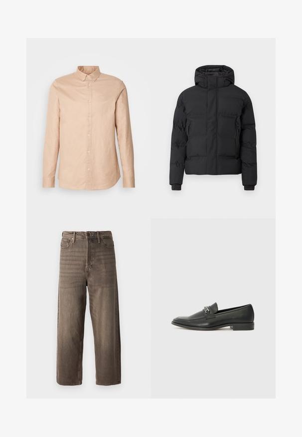 Casaco acolchoado preto com capuz, com fecho de correr frontal e bolsos laterais com fecho de correr. Feito de um material liso e resistente à água.; Camisa de botões de um tom bege claro, feita de algodão, com mangas longas, colarinho ajustado e um pequeno logótipo no peito. Textura suave, design clássico.; Jeans largos castanhos em denim. Características incluem fecho éclair, passantes para cinto e cinco bolsos. O tecido apresenta uma aparência desbotada e texturizada.; Sapatilha de couro preta com um acabamento suave, apresentando um design cosido e um detalhe decorativo de corrente de metal atravessando o peito do pé. Salto baixo.