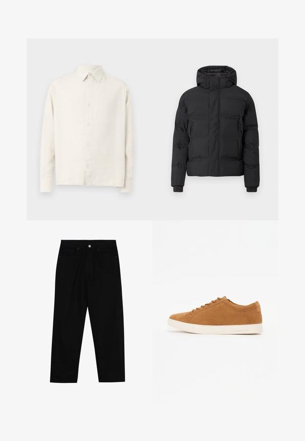 Casaco acolchoado preto com capuz, com fecho de correr frontal e bolsos laterais com fecho de correr. Feito de um material liso e resistente à água.; Camisa de manga longa bege clara feita de tecido texturizado. Apresenta um decote com colarinho e fecho frontal com botões, com uma bainha reta.; Calças de ganga pretas com corte straight-leg, design de cinco bolsos e fecho frontal por botão. Tecido suave com detalhes de costura mínimos.; Sneakers de camurça castanha com um design de cano baixo, sola de borracha branca e bico redondo. Apresentam cordões combinando e uma marcação mínima no calcanhar.