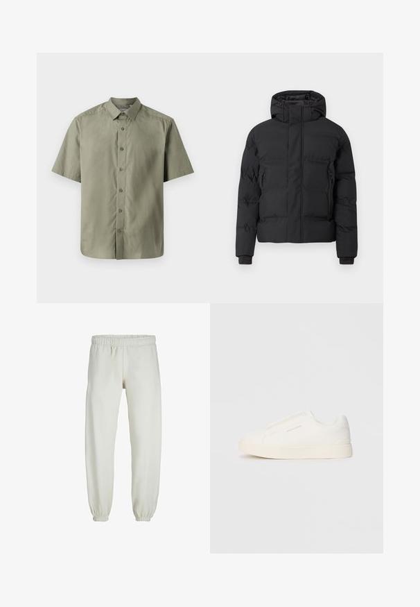 Črna podložena jakna s kapuco, z zadrgo spredaj in stranskimi žepki z zadrgo. Izdelana iz gladkega, vodoodpornega materiala.; Kratka srajca s kratkimi rokavi v mehki olivno zeleni tkanini, z klasičnim ovratnikom, šestimi gumbi spredaj in ravnim robom.; Bele trenerke narejene iz mehkega blaga, z elastičnim pasom in manšetami, gladke teksture in ohlapnega kroja.; Bele zapete brez vezalk z teksturirano površino, debelim podplatom in minimalističnim dizajnom. Na strani se nahaja logotip blagovne znamke.