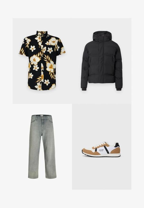 Veste matelassée noire avec capuche, dotée d'une fermeture éclair à l'avant et de poches zippées latérales. Fabriquée en tissu lisse et résistant à l'eau.; Chemise à manches courtes, noire, avec de grands motifs floraux blancs et dorés, un col classique et une poche sur la poitrine gauche.; Jeans gris clair, de coupe ample en denim. Présente un design classique à cinq poches, des passants de ceinture et une silhouette à jambe droite.; Baskets au style rétro avec du suède blanc et beige, des accents noirs, des lacets blancs et le logo "Jack & Jones EST. 1990" sur le côté.
