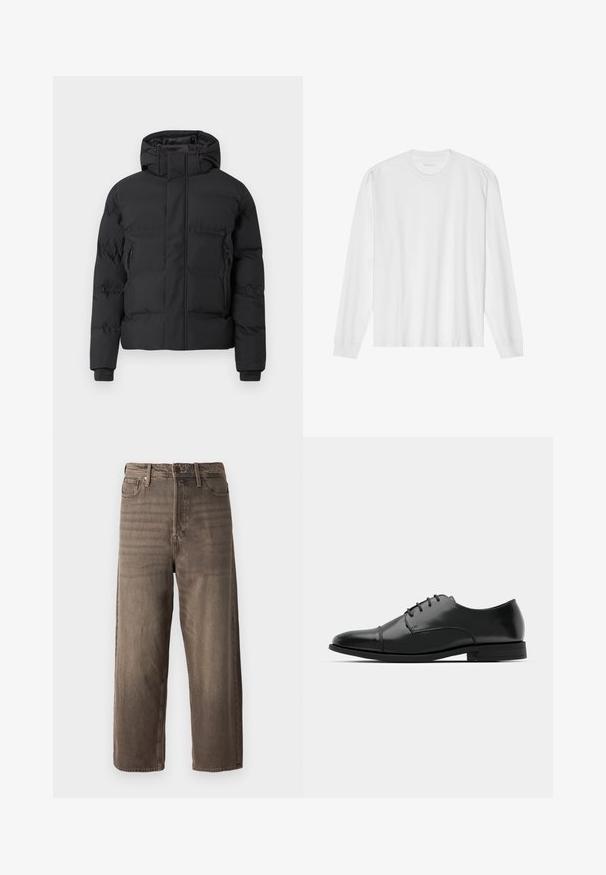 Svart vadderte jakke med hette, utstyrt med frontglidelås og glidelåslommer på sidene. Laget av et glatt, vannavstøtende materiale.; Langarmet hvit t-skjorte i bomull med rund hals og ribbestrikkede mansjetter. Enkelt, uornamentert design med glatt tekstur og standard passform.; Brune vidde bukser laget av denim. Har glidelås, beltehemper og fem lommer. Stoffet har et falmet, teksturert utseende.; Svart skinn dressko med avrundet tå, snøring, subtile sømdetaljer og lav hæl. Glatt tekstur med polert finish.