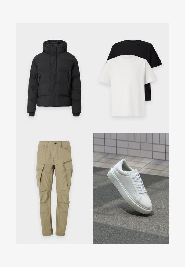 Svart vadderte jakke med hette, utstyrt med frontglidelås og glidelåslommer på sidene. Laget av et glatt, vannavstøtende materiale.; Sett med bomull t-skjorter bestående av en svart topp og en hvit topp, begge med korte ermer, rund hals og standard passform. Teksturet stoff.; Khaki cargo bukser laget av slitesterkt stoff, med flere sidelommer, en slim fit og synlige sømmer.; Hvit lær sneaker med glatt overflate, rund tå og flate hvite snøringer. Har en teksturert gummisåle og minimale design elementer.