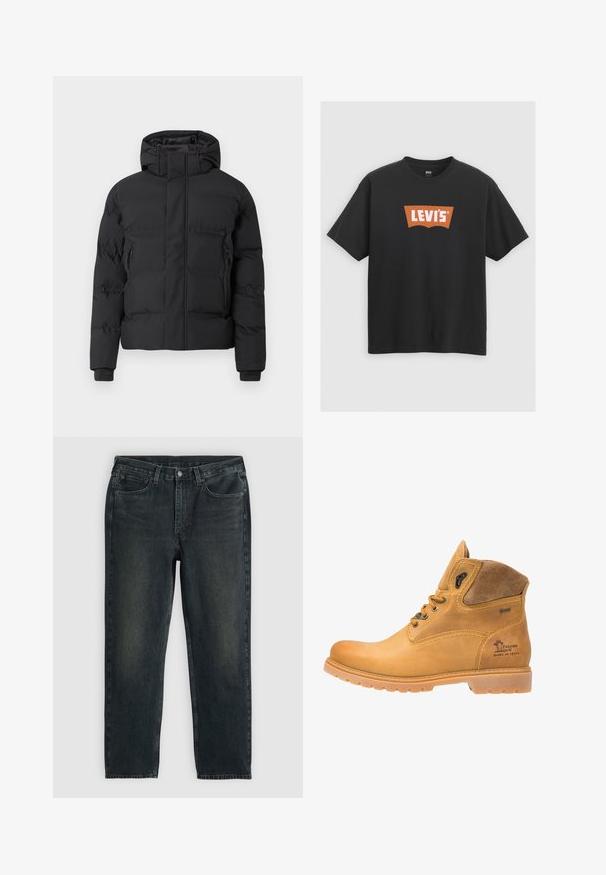 Fekete bélelt kabát kapucnival, elöl cipzárral és oldalsó cipzáras zsebekkel. Sima, vízlepergető anyagból készült.; Fekete pamut póló nagy narancssárga Levi's logóval az elején, rövid ujjú és kerek nyakkivágással.; Sötétkék farmernadrág, egyenes fazonnal, ött zsebbel, cipzáras sliccel és kontrasztos varrással. A szövet enyhe kopása.; Barna bőr bokacsizma velúr részletekkel, kerek orral, párnázott gallérral és tartós gumitalppal. Díszes varrásokkal és márkajelzéssel rendelkezik.