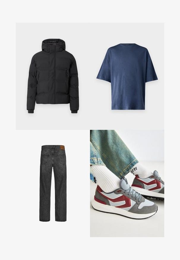 Svart vadderte jakke med hette, utstyrt med frontglidelås og glidelåslommer på sidene. Laget av et glatt, vannavstøtende materiale.; Marineblå kortermet T-skjorte, laget av myk stoff, har en klassisk rund hals og en avslappet passform, uten synlige mønstre eller aksenter.; Svarte denimjeans med design med rette ben, fem lommer og en brun lærpatch i midjen. Strukturert stoff med stikking detaljer.; Idrettssko med grå semsket skinn og mesh-overdel, røde detaljer og en polstret hvit såle. Ribbenede hvite sokker er delvis synlige.