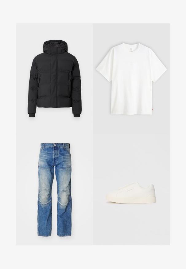 Črna podložena jakna s kapuco, z zadrgo spredaj in stranskimi žepki z zadrgo. Izdelana iz gladkega, vodoodpornega materiala.; Bela kratka majica s kratkimi rokavi iz bombaža s krožnim izrezom. Ima diskretno embosirano logotipno podrobnost spredaj in rdečo etiketo na robu.; Bledi modri kavbojki z sproščenim krojem. Vsebujejo kolenske patele, vidno šivanje in klasičen pet-pocket dizajn. Zapiranje z gumbom na pasu.; Bele zapete brez vezalk z teksturirano površino, debelim podplatom in minimalističnim dizajnom. Na strani se nahaja logotip blagovne znamke.