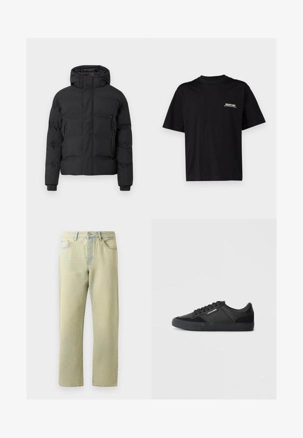 Črna podložena jakna s kapuco, z zadrgo spredaj in stranskimi žepki z zadrgo. Izdelana iz gladkega, vodoodpornega materiala.; Črna bombažna majica s kratkimi rokavi, okroglo ovratnico in tiskom na sprednjem levem prsnem delu v beli in zlati barvi, ki ima sproščen kroj.; Svetlo rumeni denim hlače s ravnim krojem, pet žepov in rahlim zbledelostjo. Imajo kovinsko zapiranje na gumb in obroče za pas.; Črne teniske, narejene iz kombinacije usnja in semiša, z okroglimi vezalkami, teksturiranim gumijastim podplatom in logotipom blagovne znamke na strani.