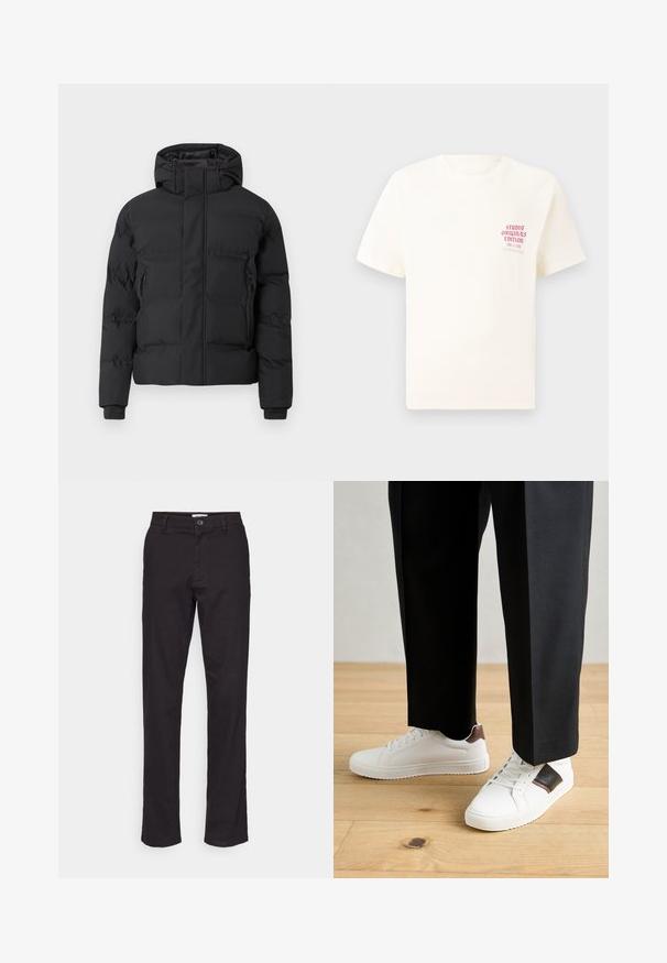 Černá prošívaná bunda s kapucí, vybavená předním zipem a bočními kapsami na zip. Vyrobena z hladkého, voděodolného materiálu.; Bílý krátký rukávový tričko s červeným textem "Studio Originals Edition" na levé hrudi, vystavené na neutrálním šedém pozadí.; Černé bavlněné kalhoty se střihem rovného nohavice, s předním zapínáním na knoflík a bočními kapsami. Hladká textura a minimální detaily.; Bílé tenisky s hladkým povrchem, s hnědými koženými akcenty a černými detaily, kombinované s černými kalhotami na míru. Pozadí tvoří dřevěná podlaha.