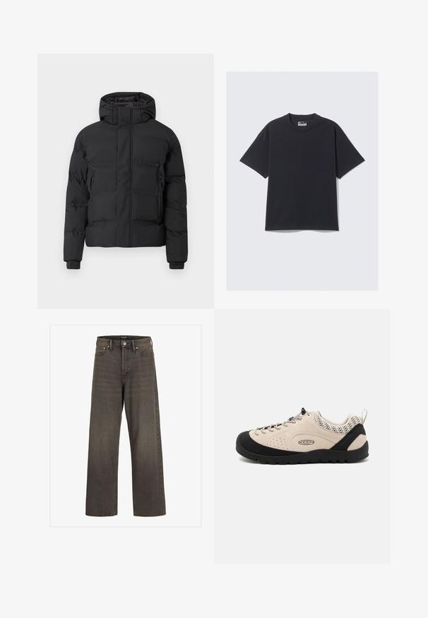 Musta toppatakki hupulla, jossa etuvetoketju ja sivutaskut vetoketjuilla. Valmistettu sileästä, vettä hylkivästä materiaalista.; Musta puuvillapaita, jossa on klassinen pyöreä pääntie, lyhyet hihat ja rento istuvuus. Sileä pinta, jossa on minimaalinen ommeltyö.; Valkoset farkut tummanharmaasta denimestä, joissa on korkea vyötärö, klassinen viisi-taskuinen muotoilu ja erottuvat ompeleet saumoissa.; Beige mokkasiner med sort gummitå og såle, med snøredesign og pustende mesh-detaljer på hælen.