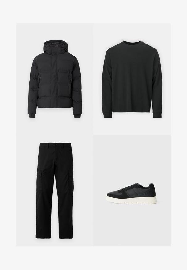 Svart vadderte jakke med hette, utstyrt med frontglidelås og glidelåslommer på sidene. Laget av et glatt, vannavstøtende materiale.; Langermet svart T-skjorte laget av bomull, med rund hals, løs passform og ribbestrikkede mansjetter. Glatt tekstur uten synlige mønstre.; Sorte cargo-bukser laget av slitesterk stoff med sidelommer, rett snitt og knappelukking i midjen.; Svart lavtopp sneakers med teksturert lær og semskede paneler, hvit gummisåle og svarte snørebånd på en enkel lys bakgrunn.