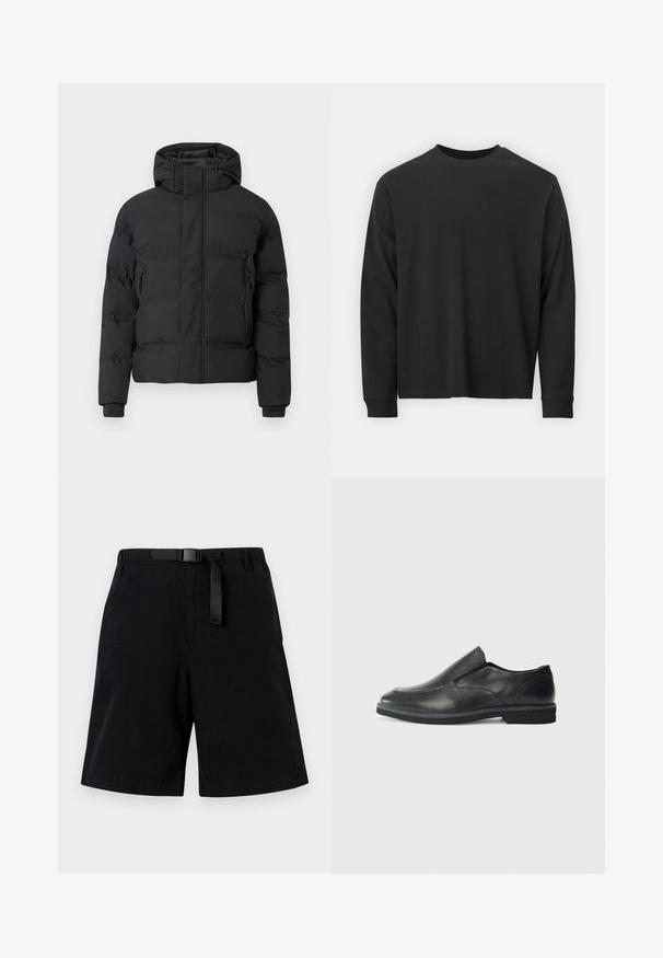 Casaco acolchoado preto com capuz, com fecho de correr frontal e bolsos laterais com fecho de correr. Feito de um material liso e resistente à água.; Camisola de manga longa preta, feita de algodão, com decote redondo, corte largo e punhos canelados. Textura suave sem padrões visíveis.; Calções pretos feitos de um tecido suave, com um cinto preto e um único bolso frontal. Design de perna reta com uma bainha na parte inferior.; Sapato slip-on preto em pele com um upper liso, acabamentos cosidos, bico arredondado e um salto de borracha baixo. A sola apresenta um padrão de aderência mínimo.