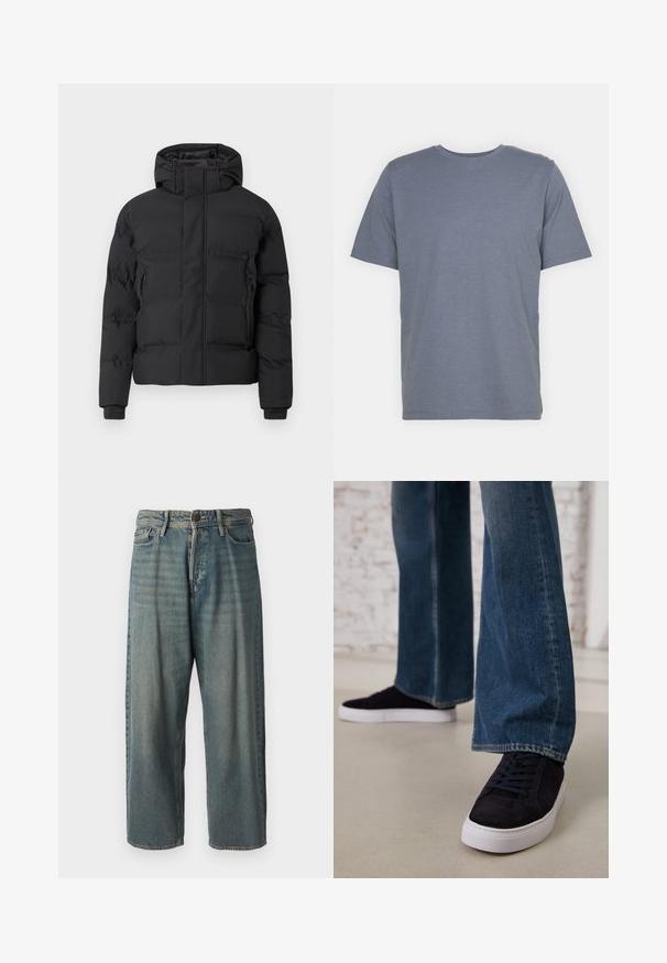 Čierna prešívaná bunda s kapucňou, vybavená predným zipsom a bočnými vreckami na zips. Vyrobená z hladkého, vodeodolného materiálu.; Šedé tričko s krátkymi rukávmi a okrúhlym výstrihom, vyrobené z jemnej bavlnenej zmesi. Jednoduchý dizajn, bez vzorov alebo akcentov.; Svetlomodré denimové nohavice so voľným strihom, stredne vysokým pásom a rovnými nohavicami. Obsahujú päť vreciek, pútka na opasok a zapínanie na gombík.; Tmavomodré semišové tenisky s bielou gumovou podrážkou a šnúrkami, skombinované so širokými džínsami v strednej modrej farbe.