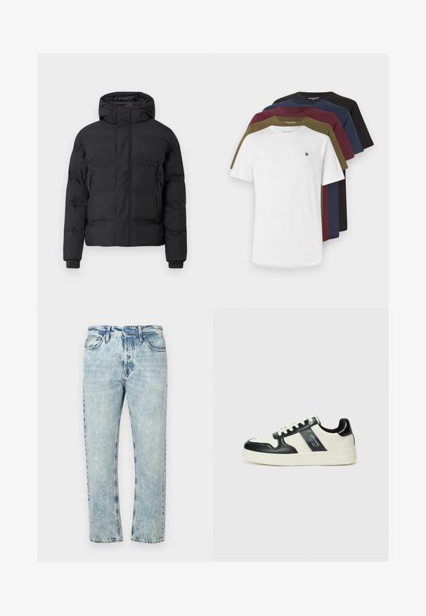 Casaco acolchoado preto com capuz, com fecho de correr frontal e bolsos laterais com fecho de correr. Feito de um material liso e resistente à água.; Cinco t-shirts de manga curta em branco, verde-oliva, bordô, azul-marinho e preto; feitas de algodão com gola redonda e pequeno logótipo na frente.; Calças de ganga azul claro com corte direito, lavagem desbotada, estilo padrão com cinco bolsos e fecho dianteiro de botões.; Ténis de couro com um esquema de cores em preto e creme, apresentando detalhes perfurados, um colarinho acolchoado e uma sola texturizada.