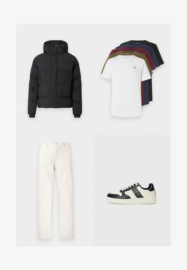 Juoda paminkštinta striukė su gaubtu, turi priekinę užtrauktuką ir šonines kišenes su užtrauktukais. Pagaminta iš lygaus, vandeniui atsparaus audinio.; Penkios trumpomis rankovėmis marškinėliai baltos, alyvuogių, bordo, tamsiai mėlynos ir juodos spalvų; pagaminti iš medvilnės, su apvalia iškirpte ir mažu logotipu priekyje.; Baltos korduro kelnės su tiesiomis kojų siūlėmis, priekyje užsegamos sagomis, šonuose turi kišenes ir turi tekstūruotą audinį.; Odiniai sportbačiai juodos ir kreminės spalvų schemoje, su perforuotais akcentais, paminkštinta apykakle ir tekstūruotu padu.