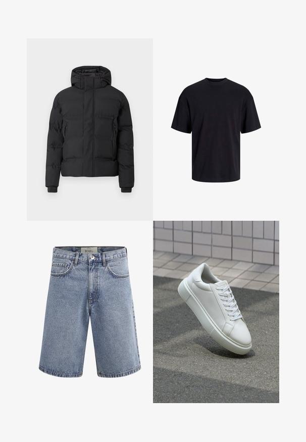 Svart vadderad jacka med huva, med en frontdragkedja och sidofickor med dragkedja. Tillverkad av ett smooth, vattenavvisande material.; Svart bomullströja med rundad halsringning, korta ärmar och avslappnad passform. Slät textur utan synliga mönster eller detaljer.; Denimshorts i ljusblått med en urtvättad finish. Har fem fickor, dragkedja och en midjehöjd i normalläge. Dubbel-sydda fållar.; Vit lädersneaker med en slät yta, rund tå och platta vita snören. Har en texturerad gummisula och minimalistiska designelement.