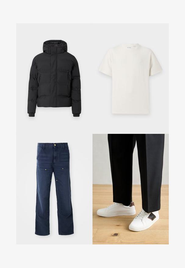 Svart vadderte jakke med hette, utstyrt med frontglidelås og glidelåslommer på sidene. Laget av et glatt, vannavstøtende materiale.; Hvit T-skjorte med kort erm i ribbestrikket tekstur. Rund hals, avslappet passform, ingen synlige mønstre eller detaljer. Enkelt og allsidig design.; Marineblå cargo bukser laget av denim, med rett ben-design, frontlommer og gulltone knappdetaljer.; Hvite sneakers med glatt tekstur, med brune skinnakenter og svart detaljer, parret med svarte skreddersydde bukser. Bakgrunn med tregulv.