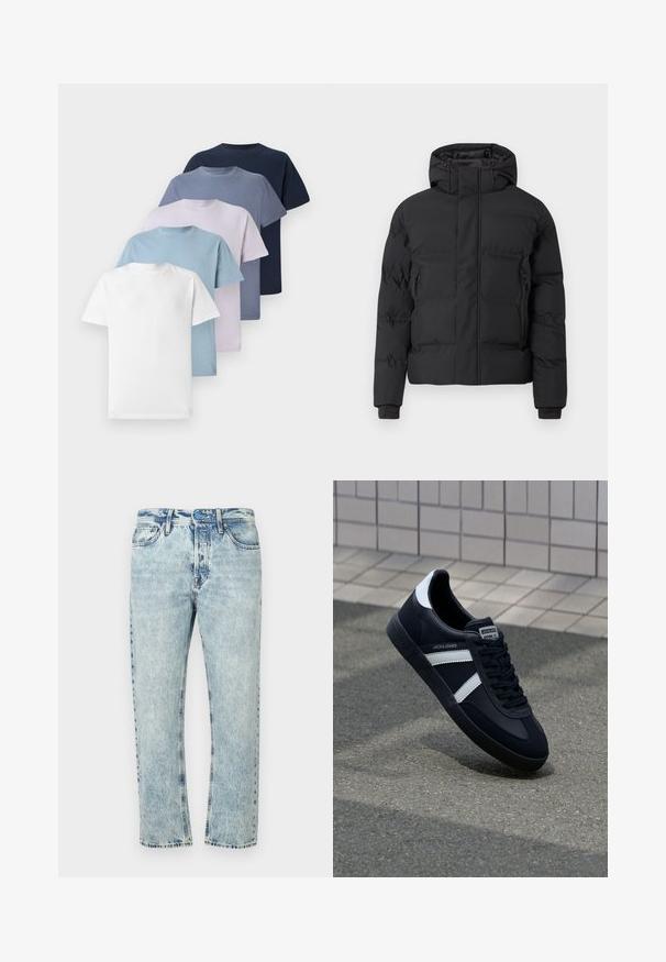 Schwarze Steppjacke mit Kapuze, ausgestattet mit einem Frontreißverschluss und seitlichen Reißverschlusstaschen. Hergestellt aus einem glatten, wasserabweisenden Material.; Fünf Rundhals-T-Shirts in verschiedenen Farben: Weiß, Hellblau, Helllila, Dunkelblau und Marineblau. Aus Baumwolle mit kurzen Ärmeln.; Hellblaue Jeans aus Denim mit geradem Bein, ausgewaschenem Look, klassischem Fünf-Taschen-Design und Knopfverschluss.; Schwarze Leder-Sneaker mit weißen Streifen, strukturiertem Gummisohle und Schnürung. Verfügt über ein Markenetikett auf der Zunge.