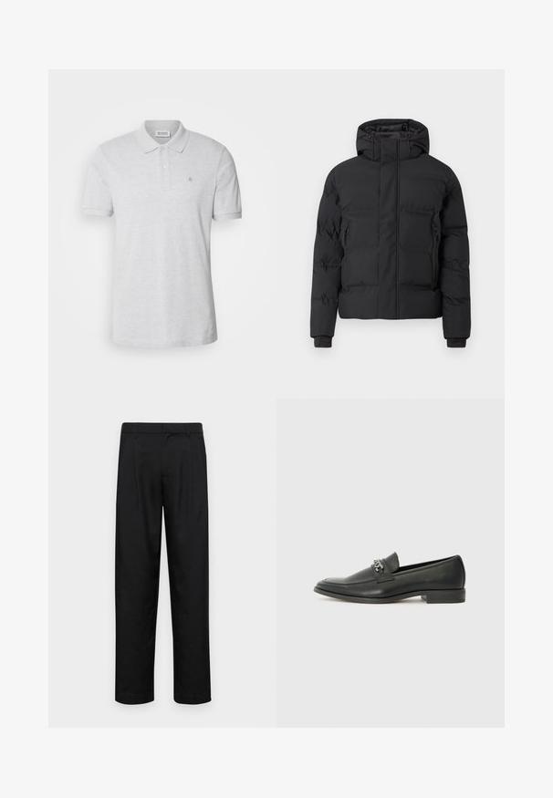 Musta toppatakki hupulla, jossa etuvetoketju ja sivutaskut vetoketjuilla. Valmistettu sileästä, vettä hylkivästä materiaalista.; Harmaa polo-paita, joka on valmistettu puuvillasta ja jossa on klassinen kaulus, kaksipainikeinen napitus ja pieni brodeerattu logo vasemmassa rinnassa.; Mustat housut, jotka on valmistettu sileästä kankaasta, suoran lahkeen muotoilulla, kahdella etupleekillä ja tavanomaisella vyötäröllä, jossa on vyölenkit.; Musta nahkakengät, joissa on sileä pinta, koristeelliset ompeleet ja metalliketjun yksityiskohta kengän päällä. Littee korko.