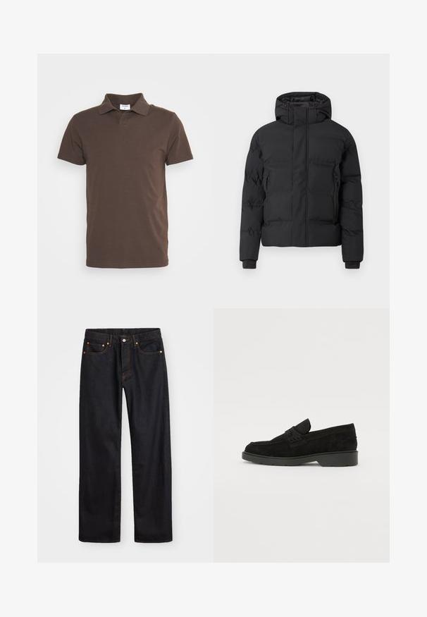 Czarna, pikowana kurtka z kapturem, zapinana na zamek z przodu, z bocznymi kieszeniami na zamek. Wykonana z gładkiego, wodoodpornego materiału.; Filippa K - Koszulka polo; Męskie jeansy w prostym kroju, czarne, z pięcioma kieszeniami oraz pomarańczowymi strefami, z zapięciem na guzik i zamek z przodu w pasie.; Czarne zamszowe mokasyny z niskim obcasem, z prostą taśmą na górze i teksturowanymi detalami po bokach.