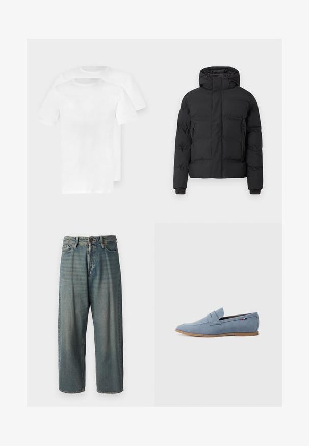 Casaco acolchoado preto com capuz, com fecho de correr frontal e bolsos laterais com fecho de correr. Feito de um material liso e resistente à água.; Duas t-shirts simples de algodão branco, com mangas curtas, decote redondo e textura suave e macia, empilhadas ligeiramente desalinhadas.; Jeans de ganga azul claro com um corte solto, cintura média e pernas retas. Apresenta cinco bolsos, passadores de cinto e fecho com botão.; Loafer de camurça azul claro com uma textura suave, costura decorativa e sola de borracha castanha. Apresenta um design de slot para moeda na parte superior.