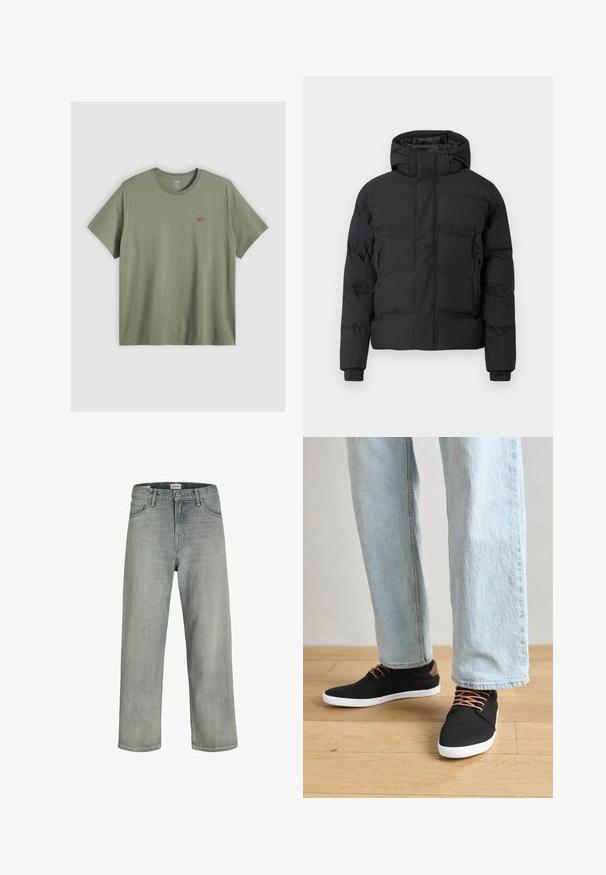 Mustast pehmendatud jope kapuutsiga, millel on ees tõmblukk ja külgedel tõmblukuga taskud. Valmistatud sileda, veekindla materjaliga.; Oliivroheline puuvillane T-särk ümmarguse kaelusega ja lühikeste varrukatega, mille vasakul rinnal on väikene punane Levi's logo brodureeritud.; Heledad hallhallid, laia lõikega denimist teksased. Omavad klassikalist viie tasku disaini, vööloopse ja sirget säärelõiget.; Mustad musta kangast tossud pruunide aktsentide, valge kummitaldade ja pruunide paeltega, koos helesiniste sirgete jalgade teksadega. Puidust põranda taust.