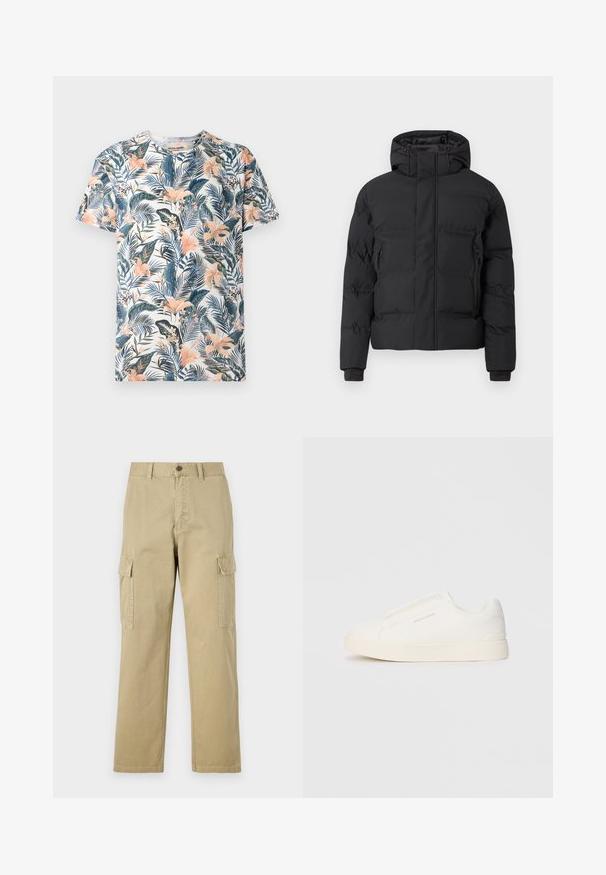 Czarna, pikowana kurtka z kapturem, zapinana na zamek z przodu, z bocznymi kieszeniami na zamek. Wykonana z gładkiego, wodoodpornego materiału.; Koszulka z krótkim rękawem z materiału z tropikalnym nadrukiem kwiatowym w odcieniach zieleni, różu i niebieskiego na białym tle.; Beżowe spodnie cargo wykonane z bawełny, z dwoma bocznymi kieszeniami, z zapięciem na guzik oraz prostymi nogawkami z lekko teksturowanej tkaniny.; Białe sneakersy wsuwane z teksturowanej powierzchni, grubą podeszwą i minimalistycznym designem. Zawierają logo marki z boku.