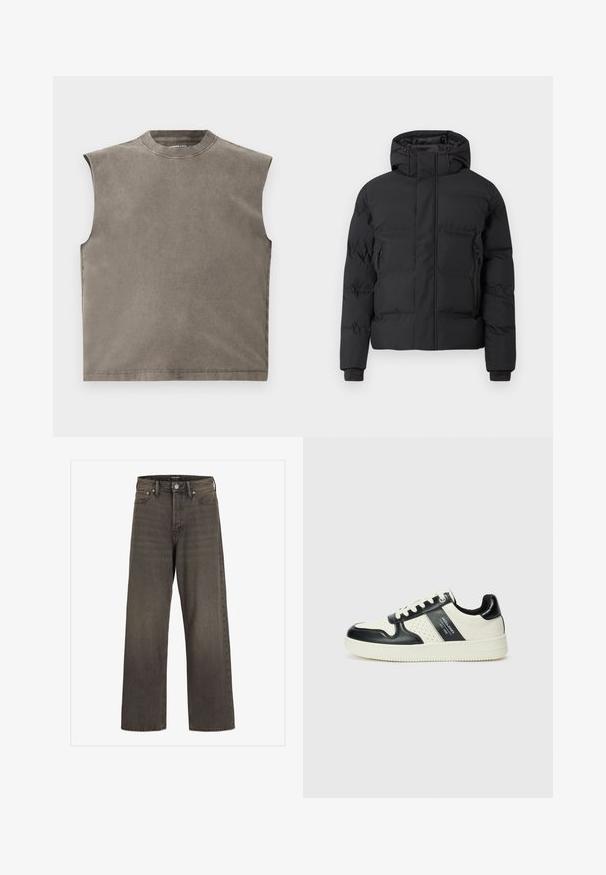Svart vadderte jakke med hette, utstyrt med frontglidelås og glidelåslommer på sidene. Laget av et glatt, vannavstøtende materiale.; Ermeløs topp i en dempet gråfarge, med en myk tekstur, rund hals og rene linjer med sømkanter. Enkel design uten mønstre.; Videbukser i mørkegrå denim, med høj talje, klassisk fem-lomme design og kontrasterende syninger langs sømmene.; Lædersneakers med sort og creme farveskema, der har perforerede detaljer, en polstret krave og en struktureret ydersål.