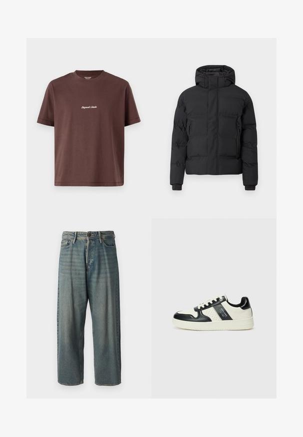 Μαύρο επενδυμένο μπουφάν με κουκούλα, διαθέτει εμπρός φερμουάρ και πλαϊνές τσέπες με φερμουάρ. Κατασκευασμένο από λείο, αδιάβροχο υλικό.; Καφέ βαμβακερό T-shirt με στρογγυλή λαιμόκοψη. Διαθέτει κοντά μανίκια και κεντρικό κεντημένο κείμενο που λέει "Original Studio" σε λευκό χρώμα.; Ανοιχτό μπλε τζιν παντελόνι με χαλαρή γραμμή, μέση μέσου ύψους και ευθείες γραμμές. Περιλαμβάνει πέντε τσέπες, θηλιές ζώνης και κούμπωμα με κουμπί.; Δερμάτινα sneakers με μαύρο και κρεμ χρωματικό σχέδιο, με διάτρητες λεπτομέρειες, επενδεδυμένο κολάρο και υφή στη σόλα.