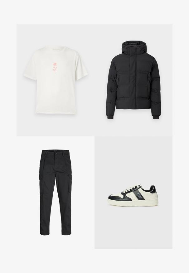 Sort polstret jakke med hætte, der har en frontlynlås og sidelommer med lynlås. Fremstillet af et glat, vandafvisende materiale.; Cremefarvet t-shirt med et enkelt rødt rosenmotiv i midten, sat mod en plain hvid baggrund.; Sorte cargo-bukser lavet af slidstærkt stof, der har flere lommer, en knaplukning og et slim fit design med smalle ben.; Lædersneakers i sort og creme farveskema, med perforerede detaljer, en polstret krave og en struktureret ydersål.