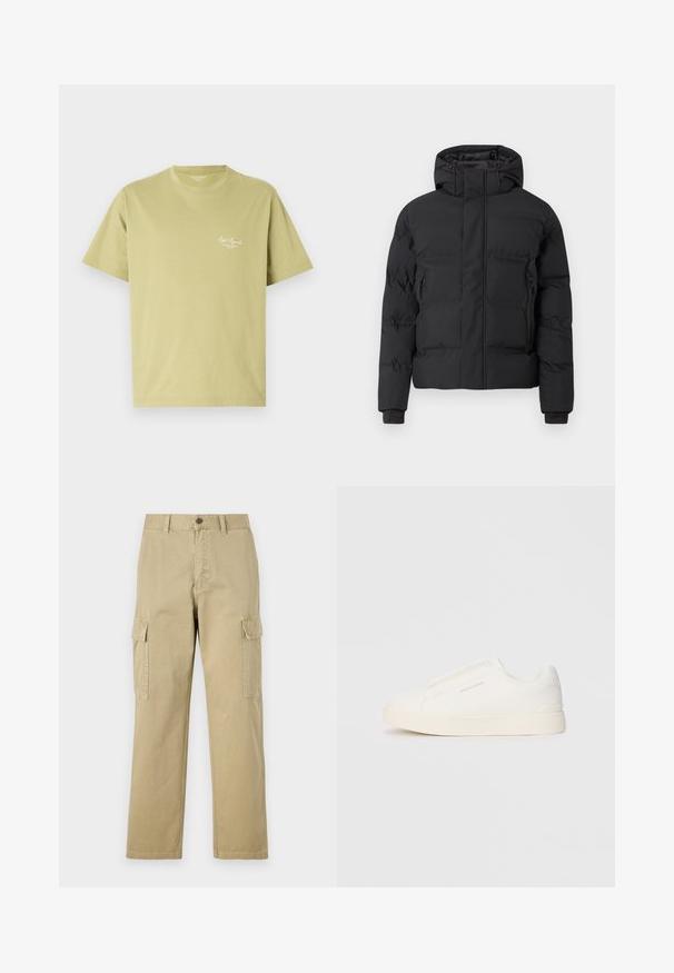 Črna podložena jakna s kapuco, z zadrgo spredaj in stranskimi žepki z zadrgo. Izdelana iz gladkega, vodoodpornega materiala.; Svijetlozelena pamučna majica s kratkim rukavima, okruglim izrezom i malim bijelim logotipom s tekstom na lijevoj strani prsnog koša.; Bež hlače s cargo krojem iz bombaža, z dvema stranskima žeparm, gumbom za zapiranje in ravnimi nogavicami iz rahlo teksturirane tkanine.; Bele zapete brez vezalk z teksturirano površino, debelim podplatom in minimalističnim dizajnom. Na strani se nahaja logotip blagovne znamke.