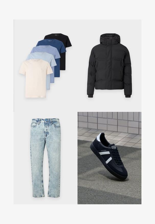 Schwarze Steppjacke mit Kapuze, ausgestattet mit einem Frontreißverschluss und seitlichen Reißverschlusstaschen. Hergestellt aus einem glatten, wasserabweisenden Material.; Kollektion von fünf Rundhalsausschnitt-T-Shirts in Cremetönen, Hellblau, Dunkelblau und Schwarz, aus weichem Baumwollmaterial, mit schlichtem Design.; Hellblaue Jeans aus Denim mit geradem Bein, ausgewaschenem Look, klassischem Fünf-Taschen-Design und Knopfverschluss.; Schwarze Leder-Sneaker mit weißen Streifen, strukturiertem Gummisohle und Schnürung. Verfügt über ein Markenetikett auf der Zunge.