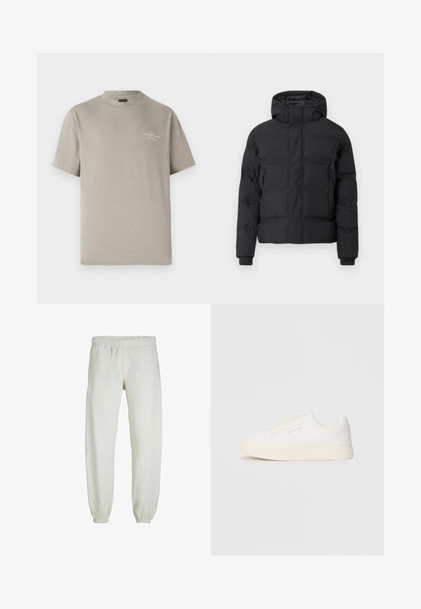 Chaqueta acolchada negra con capucha, que cuenta con cremallera frontal y bolsillos laterales con cremallera. Fabricada con un material liso y resistente al agua.; Camiseta de manga corta color caqui con cuello redondo, hecha de algodón, que presenta un pequeño detalle de texto impreso en la parte superior izquierda del pecho.; Pantalones de chándal blancos hechos de una tela suave, con cinturilla y puños elásticos, que presentan una textura suave y un diseño holgado.; Zapatillas blancas tipo slip-on con una superficie texturizada, suela gruesa y diseño minimalista. Presenta el logo de la marca en un lado.