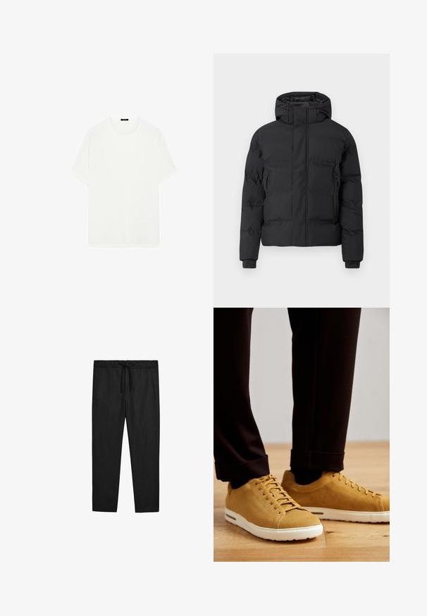Sort polstret jakke med hætte, der har en frontlynlås og sidelommer med lynlås. Fremstillet af et glat, vandafvisende materiale.; Hvid kortærmet t-shirt lavet af blødt stof. Har en klassisk rund halsudskæring og en lige pasform, uden synlige mønstre eller accenter.; Massimo Dutti JOGGER FIT - Bukser - black; Gule ribbede sneakers med hvide såler, prydet med rund tå, snørebåndsdesign og struktureret overflade, båret med sorte opbrettede bukser på trægulv.