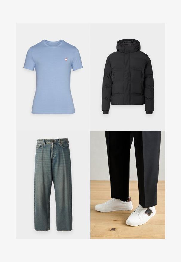 Geacă căptușită neagră cu glugă, prevăzută cu fermoar frontal și buzunare laterale cu fermoar. Fabricată dintr-un material neted și rezistent la apă.; Tricou scurt cu manecă, de culoare albastră deschisă, fabricat din bumbac. Are un guler rotund și un mic logo triunghiular roșu pe piept.; Jeans din denim bleu deschis, cu o croială lejeră, talie medie și picioare drepte. Au cinci buzunare, bucle pentru curea și închidere cu nasture.; Sneakers albe cu textură netedă, având accente din piele maro și detalii negre, asociate cu pantaloni negri pe măsură. Fundal din podea din lemn.