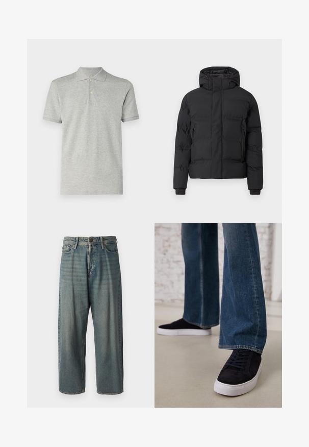 Casaco acolchoado preto com capuz, com fecho de correr frontal e bolsos laterais com fecho de correr. Feito de um material liso e resistente à água.; GAP Polo - heather grey; Jeans de ganga azul claro com um corte solto, cintura média e pernas retas. Apresenta cinco bolsos, passadores de cinto e fecho com botão.; Tênis de camurça azul escuro com sola de borracha branca e atacadores, combinados com jeans de perna larga em um tom de azul médio.