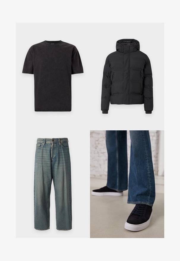 Casaco acolchoado preto com capuz, com fecho de correr frontal e bolsos laterais com fecho de correr. Feito de um material liso e resistente à água.; Camiseta de algodão preta com decote redondo, mangas curtas e textura suave. Apresenta uma aparência ligeiramente desbotada em toda a roupa.; Jeans de ganga azul claro com um corte solto, cintura média e pernas retas. Apresenta cinco bolsos, passadores de cinto e fecho com botão.; Tênis de camurça azul escuro com sola de borracha branca e atacadores, combinados com jeans de perna larga em um tom de azul médio.