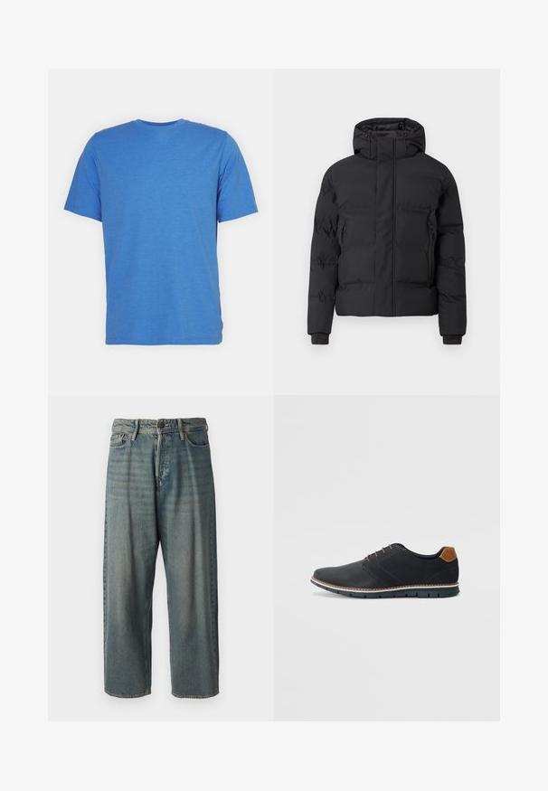 Casaco acolchoado preto com capuz, com fecho de correr frontal e bolsos laterais com fecho de correr. Feito de um material liso e resistente à água.; T-shirt de manga curta, com decote redondo, na cor azul sólida. Feita de um tecido macio e respirável, com uma textura suave e sem padrões ou acentos.; Jeans de ganga azul claro com um corte solto, cintura média e pernas retas. Apresenta cinco bolsos, passadores de cinto e fecho com botão.; Sapatos sintéticos pretos com um upper texturizado, pormenores lisos, salto castanho e uma sola contrastante. Apresentam um sistema de atacadores mínimo e detalhes de costura.