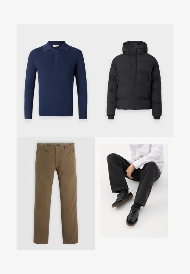 Svart vadderad jacka med huva, med en frontdragkedja och sidofickor med dragkedja. Tillverkad av ett smooth, vattenavvisande material.; Marinblå, ribbade långärmade polo-t-shirt med platt krage, tre knappar och textilerad yta. Enkelt design och figurnära siluett.; Kakifärgade bomullbyxor med rak bendesign, featuring en knappstängning, två framfickor och en mjuk textur.; Svarta sneakers med en slät och texturerad ovandel, med en gummisula och mörka snören. I kombination med svarta jeans och en vit randig skjorta.