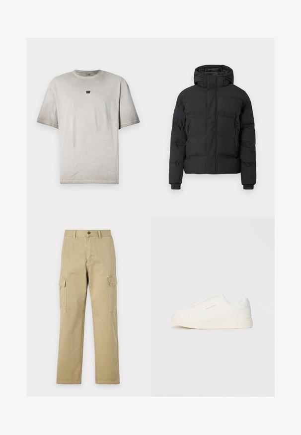 Geacă căptușită neagră cu glugă, prevăzută cu fermoar frontal și buzunare laterale cu fermoar. Fabricată dintr-un material neted și rezistent la apă.; Tricou din bumbac gri cu guler rotund, mâneci scurte și un mic logo negru pe piept. Textură netedă, croială relaxată și design minimalist.; Pantaloni cargo bej din bumbac, cu două buzunare laterale, închidere cu nasture și picioare drepte dintr-un material ușor texturat.; Tenisi albi slip-on cu o suprafață texturată, talpă groasă și un design minimalist. Prezintă logo-ul brandului pe lateral.