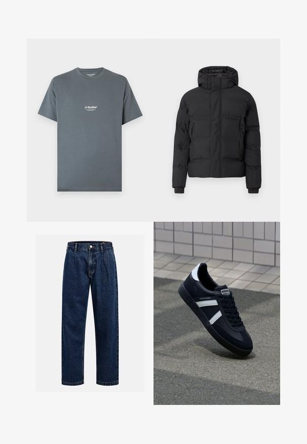 Fekete bélelt kabát kapucnival, elöl cipzárral és oldalsó cipzáras zsebekkel. Sima, vízlepergető anyagból készült.; Szürke pamut póló kerek nyakkal. A mellkasán fehér "JJ Studios" felirattal. Rövid ujjú és laza szabású.; Sötétkék farmernadrág egyenes szabással. Jellemzői a látható varrás, gombos záródás és elülső redők a további részletekért.; Fekete bőr sportcipő fehér csíkokkal, textúrált gumitalppal és fűzős elejével. A nyelvén márkás címke található.