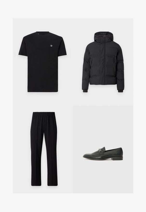 Black padded jacket with a hood, featuring a front zipper and side zippered pockets. Made from a smooth, water-resistant material.; Black cotton t-shirt with short sleeves, round neckline, and a small white logo on the left chest area. Smooth texture, simple design.; Black, elastic-waist trousers with a straight-leg design, featuring a smooth texture and no visible patterns or hardware.; Black leather loafer with a smooth finish, featuring a stitched design and a decorative metal chain accent across the vamp. Flat heel.