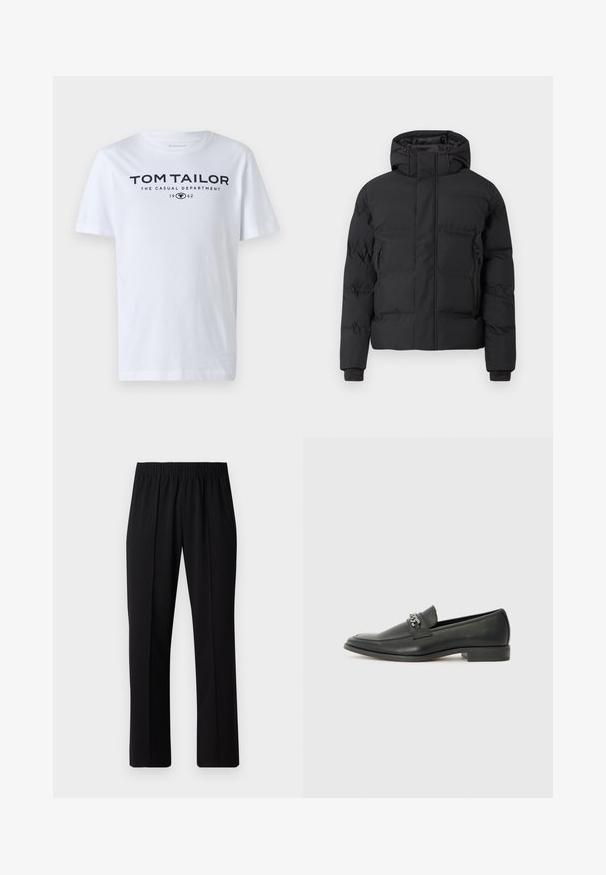 Zwarte gewatteerde jas met een capuchon, voorzien van een ritssluiting aan de voorkant en met ritssluitingen afgesloten steekzakken aan de zijkant. Gemaakt van een glad, waterbestendig materiaal.; Witte katoenen t-shirt met een ronde hals, korte mouwen en marineblauwe tekst "TOM TAILOR THE CASUAL DEPARTMENT 1962."; Zwarte, elastische broek met rechte pijpen, met een gladde textuur en zonder zichtbare patronen of hardware.; Zwarte leren instapper met een gladde afwerking, voorzien van een gestikt ontwerp en een decoratieve metalen kettingaccent over de wreef. Platte hak.
