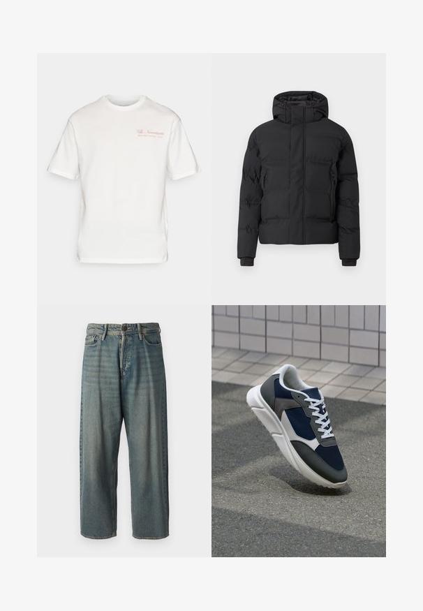 Black padded jacket with a hood, featuring a front zipper and side zippered pockets. Made from a smooth, water-resistant material.; White cotton t-shirt with short sleeves, crew neck, and front text in light pink reading "Villa Novantasette SELECTED VACANZA XCVII."; Light blue denim jeans with a loose fit, mid-rise waist, and straight legs. Features five pockets, belt loops, and a button closure.; Sneaker featuring a navy blue mesh upper, gray suede accents, white rubber sole, and flat white laces, designed for comfort and breathability.