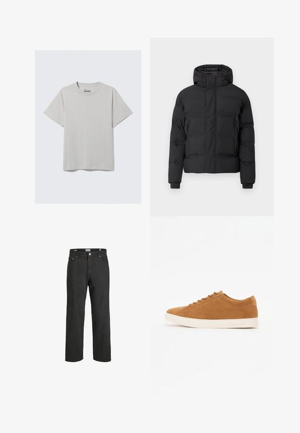 Czarna, pikowana kurtka z kapturem, zapinana na zamek z przodu, z bocznymi kieszeniami na zamek. Wykonana z gładkiego, wodoodpornego materiału.; Jasnoszara bawełniana koszulka z okrągłym dekoltem i krótkimi rękawami, charakteryzująca się minimalistycznym designem i luźnym krojem. Bez wzorów ani akcentów.; Czarne dżinsy o prostym kroju, wykonane z bawełny, z klasycznym pięciopocketowym designem, zapięciem na guzik oraz subtelnymi detalami w szwie.; Brązowe zamszowe sneakersy o niskim kroju, z białą gumową podeszwą i okrągłym noskiem. Zawierają pasujące sznurowadła oraz minimalne oznaczenie marki na pięcie.