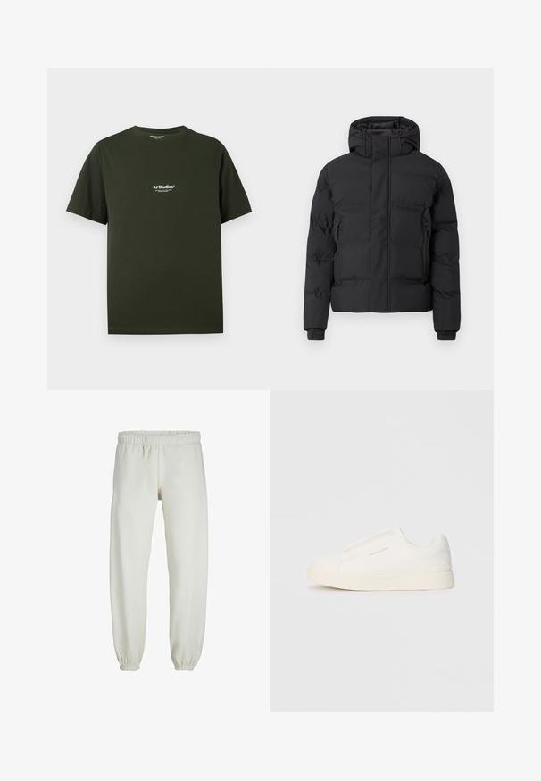 Black padded jacket with a hood, featuring a front zipper and side zippered pockets. Made from a smooth, water-resistant material.; Dark green cotton t-shirt featuring a crew neck and short sleeves, with white printed logo "JJ Studios" on the left chest area.; White sweatpants made from soft fabric, featuring an elastic waistband and cuffs, with a smooth texture and loose-fitting design.; White slip-on sneakers with a textured surface, a thick sole, and minimalistic design. Features brand logo on the side.