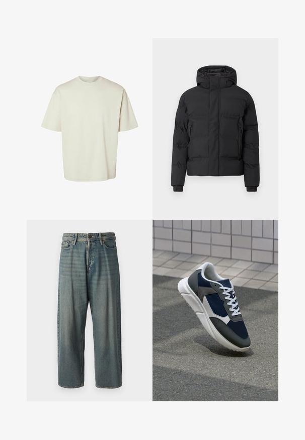 Fekete bélelt kabát kapucnival, elöl cipzárral és oldalsó cipzáras zsebekkel. Sima, vízlepergető anyagból készült.; Túlméretezett, crew neck póló világosbézs színben, puha pamut anyagból készült. Rövid ujjak, laza fit, és sima design, minta nélkül.; Világoskék farmernadrág, laza fazonnal, közepes derékbőséggel és egyenes szárral. Öt zsebet, övbucskát és gombos záródást tartalmaz.; Cipő, amelynek sötétkék hálós felsőrésze, szürke velúr díszítései, fehér gumitalpa és lapos fehér fűzője van, a kényelem és a légáteresztő képesség érdekében tervezve.